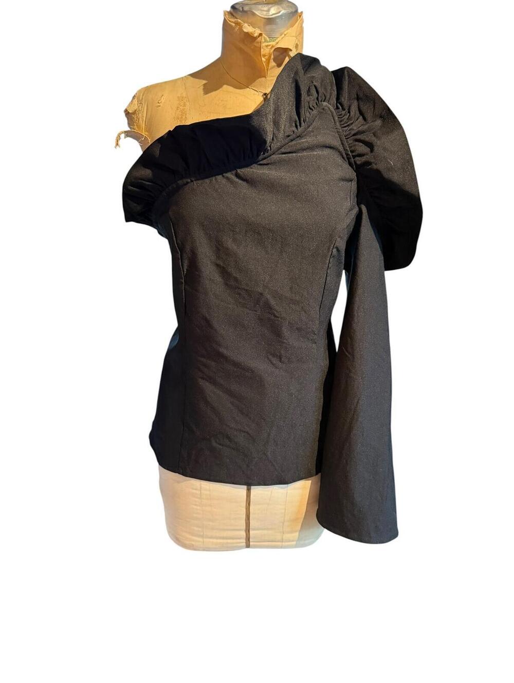 Venus Black One-Shoulder Asymmetrical Top with Ruffle Sleeve